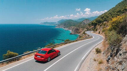 Red car driving along scenic coastal mountain road with view of turquoise sea and blue summer sky