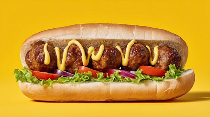 Fresh meatball sub sandwich with mustard, lettuce, tomato, and onion on yellow background for food concept