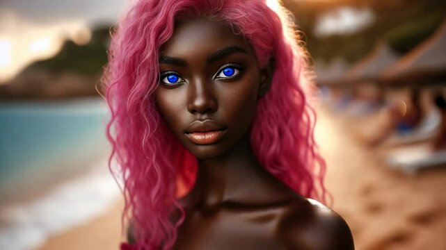 Pink-Haired Black Woman with Blue Eyes