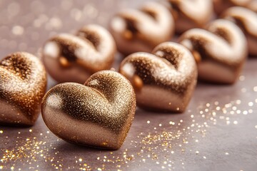 Gold glitter hearts lined up on a blurry background surface