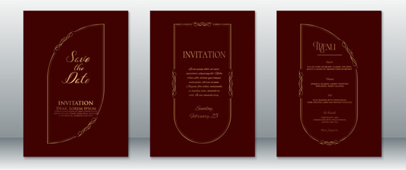 Luxurious wedding invitation set featuring a rich burgundy red background with classic gold flourishes. Includes Save the Date, main invitation, and menu card templates 