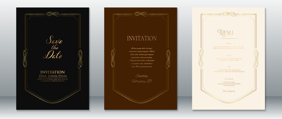 Luxury wedding invitation set with gold frame and elegant typography. Includes save-the-date, main invitation, and menu card in black, brown, and cream tones—ideal for classic and formal weddings.