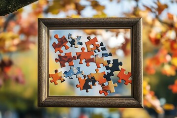 Puzzle pieces suspended in a wooden frame, autumn leaves backdrop