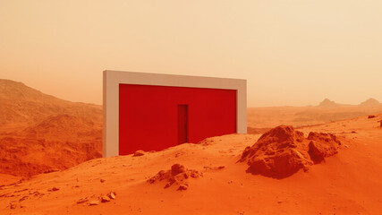 A striking red rectangular structure stands on a dusty Martian landscape. The surrounding terrain is rocky and orange, bathed in the warm glow of dusk, creating an otherworldly atmosphere