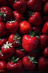 Top view of fresh ripe strawberries on dark black background
