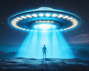 Obraz premium A flying saucer beams light onto an individual at night