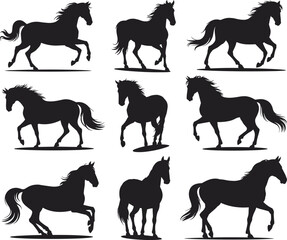 Horse silhouette collection, black equine vector set, galloping and trotting horses, standing horse poses, dynamic equine illustrations,