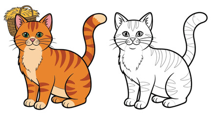Fototapeta premium Asian Farm Cat Coloring Book Page with Full Color and Minimalist Line Art for Creativity