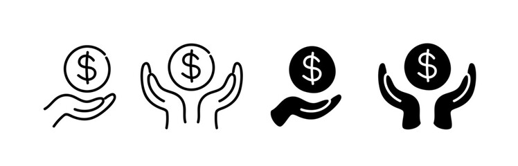 Doodle hand with money illustration. Money in hand sketch. Coin in hand. Save money. Donate money.  Hands holding dollar coin. Cash, loan, coin, dollar, saving, budget, earning money, revenue symbol