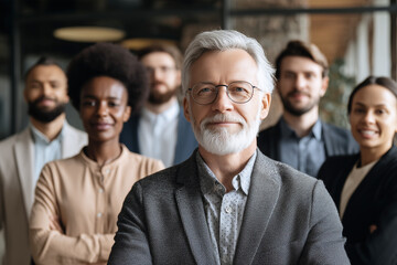 Fototapeta premium Senior businessman with glasses standing confidently in front of diverse team in modern office