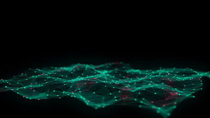 Dynamic green wave of particles and lines. Abstract futuristic background. Big data visualization. 3D rendering.