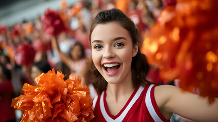Cheerleader celebrates victory with pom poms during spirited game at local stadium