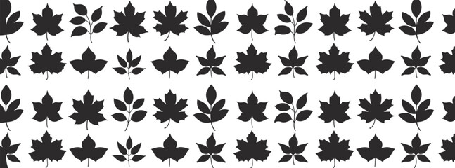 Collection of black leaf silhouettes including maple and broadleaf variations, vector set, isolated nature elements, creative design illustration project elements