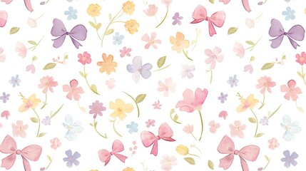 Fototapeta premium Seamless pattern with lovely watercolor flowers and bows in soft pastel tones on a white background. Showcase simple and detailed designs, as well as seamless tilable textures for fabric or clip art.