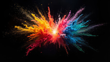 A vivid eruption of colored powder fills the air with hues of pink, orange, blue, and yellow, creating a dynamic and visually captivating spectacle that draws the eye