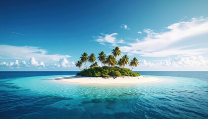 Fototapeta premium Deserted Tropical Island with Palm Trees, White Sand, and Turquoise Ocean Under a Blue Sky, Symbolizing Paradise, Escape, and Remote Beauty