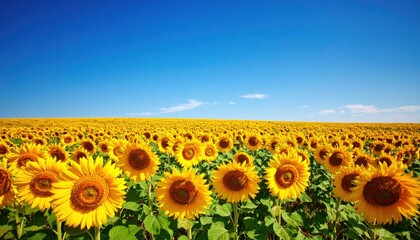 Fototapeta premium Vast Sunflower Field Under a Clear Blue Sky, Radiating Brightness, Summer Beauty, and Abundance, Ideal for Nature and Agricultural Themes