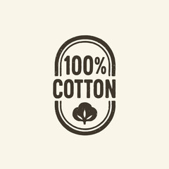 A vintage-style “100% Cotton” stamp with an oval frame and rough, textured edges perfect for product packaging, fabric labels, eco-friendly branding, and natural clothing tags.