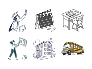 Illustrated educational and academic icons for graduation film school and school bus related concepts
