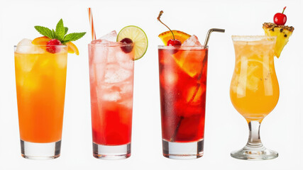 Four vibrant cocktails are showcased on a white background, each garnished with fresh fruit and herbs. These thirst-quenching beverages are perfect for summer celebrations and gatherings