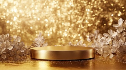 3D Gold podium with gold stage product display. Minimal scene for mockup products, stage showcase, promotion display.