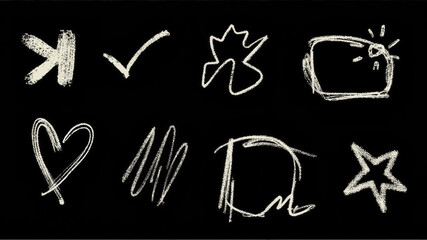 Simple chalk drawings illustrate a range of abstract shapes, including a heart and stars, set against a deep black background, creating a vibrant visual contrast