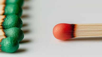 One red match facing green matches symbolizing uniqueness