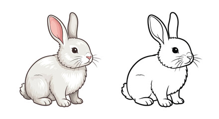 Fototapeta premium Asian Rabbit Coloring Page with Detailed Colored and Clear Outline Bunny Illustration