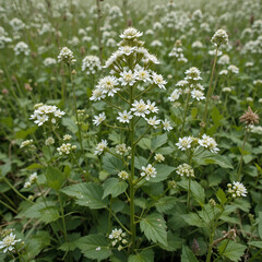 Fototapeta premium Ground elder (Aegopodium podagraria). Wild umbelliferous plant with white flowers. Weed and medicinal plant. View of a meadow with white flowers of ground elder.