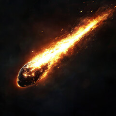 A dramatic rendering of a fiery meteor or comet hurtling through dark space, leaving a long, incandescent trail of orange and yellow flames and sparks.