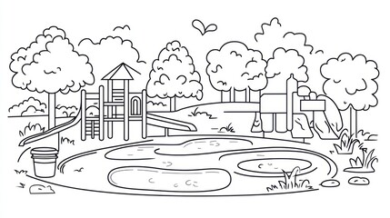 Line drawing of a children's playground in a park with a pond
