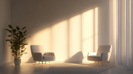 Empty modern therapy consultation room with minimalist design and natural lighting creates calm professional counseling environment for mental health treatment sessions