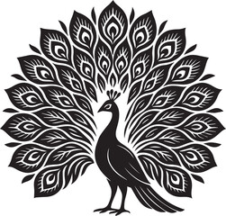 Naklejka premium Elegant silhouette of a peacock with open feathers in black and white vector style