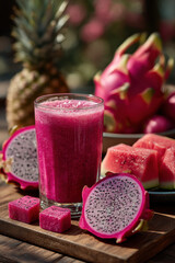 Vibrant dragon fruit smoothie surrounded by fresh dragon fruit slices, watermelon cubes, and pineapple in background