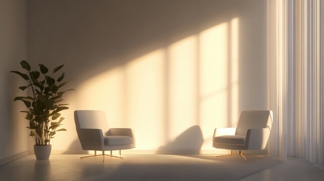 Empty modern therapy consultation room with minimalist design and natural lighting creates calm professional counseling environment for mental health treatment sessions
