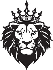 Majestic black and white illustration of a crowned lion head suitable for logos and designs