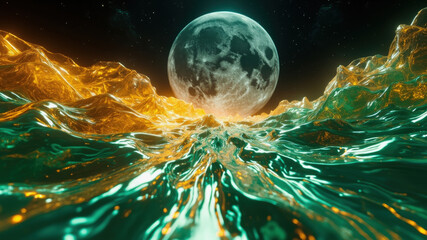Bright waves glow in shades of green and gold beneath a full moon. The night sky is filled with stars, creating a surreal, dreamy atmosphere. The landscape is both captivating and otherworldly