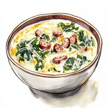 A cozy watercolor painting of a bowl of creamy Zuppa Toscana soup, featuring sausage slices and green leafy vegetables, suggesting warmth and comfort.