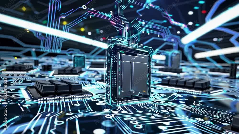 Poster Exploring advanced microchip technology in a high-tech laboratory environment with intricate circuit designs