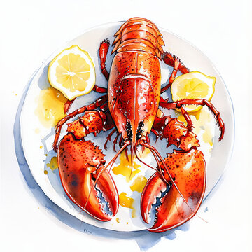 A detailed watercolor painting of a bright red cooked lobster presented on a white plate, garnished with two slices of fresh yellow lemon, with juice splatters.