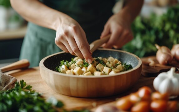 Closeup of hands preparing cassava on a wooden surface in a cozy kitchen, surrounded by herbs and vegetables. Sustainable plant-based cooking methods perfect for vegan food and lifestyle themes.