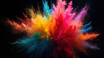 A stunning explosion of bright colored powders fills the air, creating a visual spectacle. This lively moment captures the essence of a celebration, showcasing vibrant hues and dynamic movement