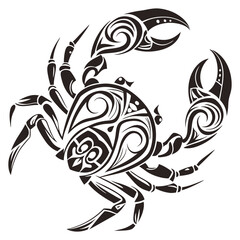 A powerful and stylish tribal tattoo design of a crab. This vector illustration uses bold, black, flowing lines and sharp angles to create a symmetrical and impactful piece of art. It's perfect for ta