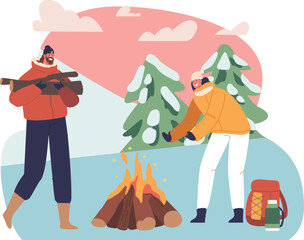 Family lighting winter campfire vector illustration