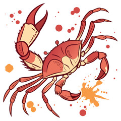 A beautiful vector illustration that mimics a real watercolor painting of a crab. Featuring soft, bleeding edges, vibrant color washes, and artistic splatters in red and orange hues, this design has a