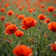 Obraz premium A field of red poppies gently swaying in the breeze