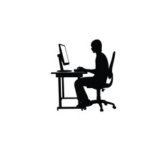 Silhouette of a person sitting at a desk working on a computer on white background