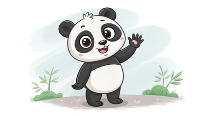 "A cute cartoon panda waving hello, transparent background"

