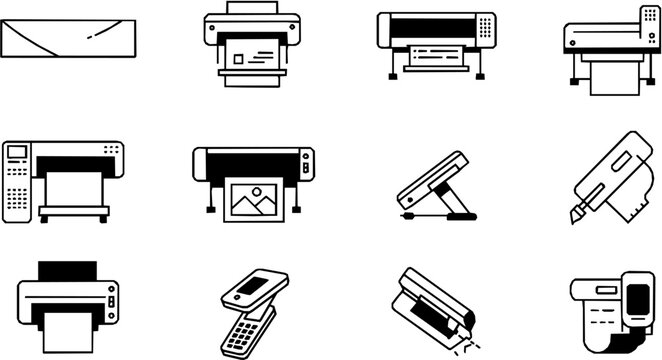 Printer line icon set. Large format printing, plotter, scanner, cutting machine minimal vector illustrations. Simple outline signs for printshop. Editable Stroke