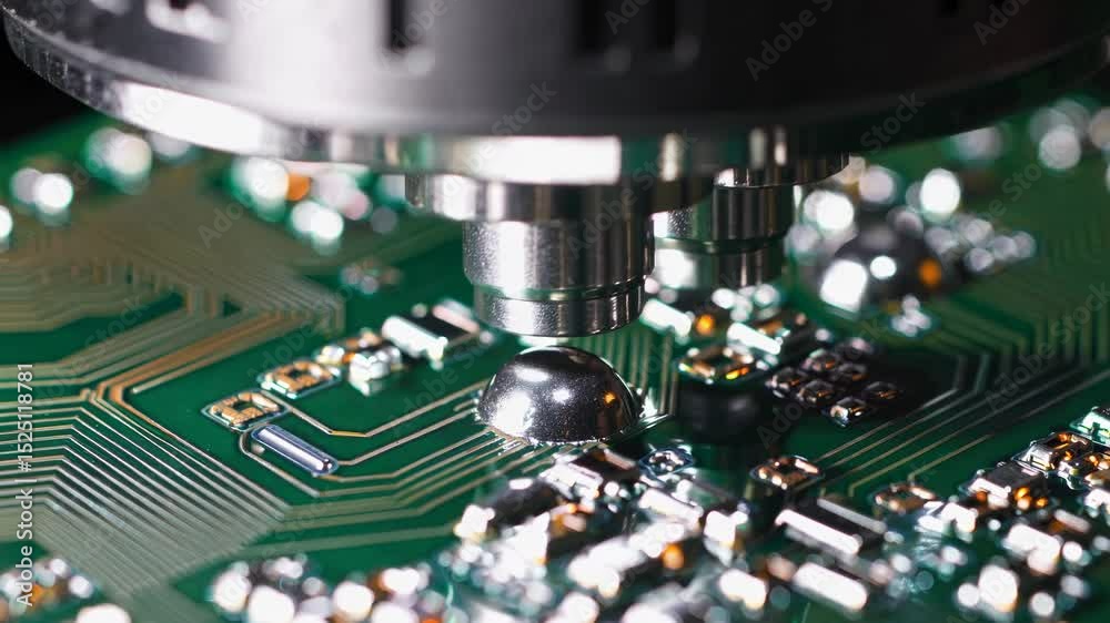 Poster Detailed inspection of a printed circuit board at a technology lab with precision tools